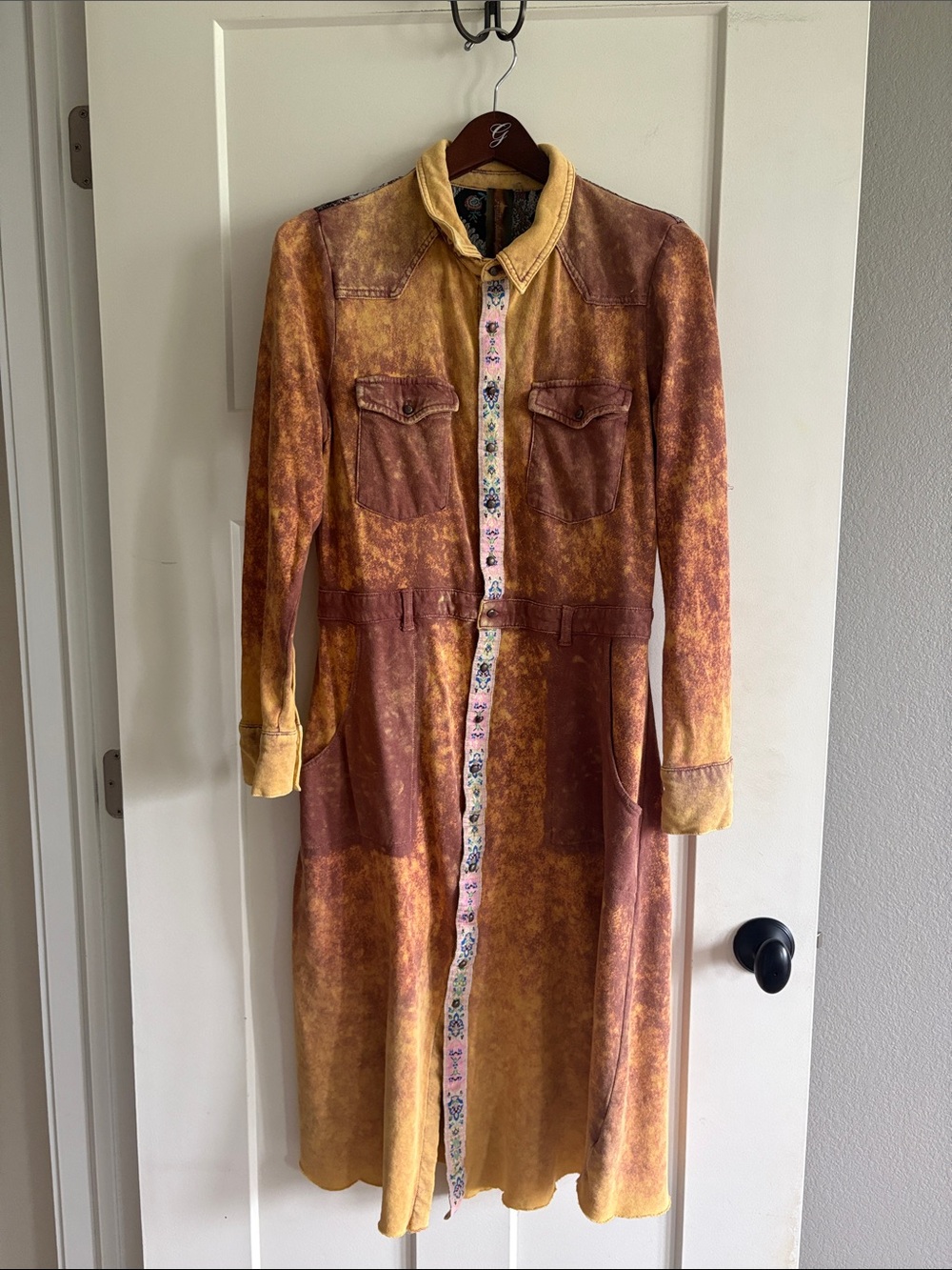 Aratta Silent Journey Long Sleeve Maxi Dress/Duster Rust & Mustard Accents Boho